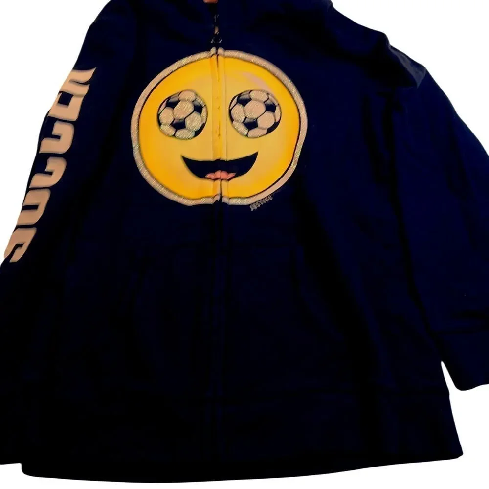 Justice Active Girls Black Soccer w/Large Soccer Emoji Zipper Hoodie - Size 8/10
